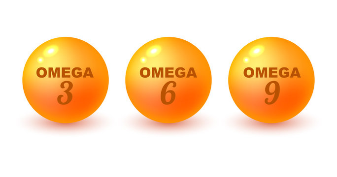 Omega 3, 6, 9 fatty acids. Gold acid drop.  Nutrition skin care. Polyunsaturated fatty acids omega 3 omega 6 omega 9. Three drops of polyunsaturated fatty acids. Beauty treatment. Vector illustration