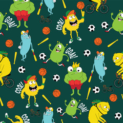 Cute kids monster pattern for girls and boys. Colorful sport monster on the abstract bright background. The monster pattern is made in bright colors. Grunge sport kids pattern for textile and fabric