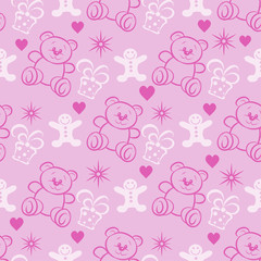 Seamless background with teddy bear and birthday presents