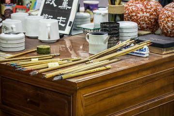 Сhinese traditional calligraphy brushes close-up.