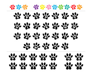 Fototapeta na wymiar Font typography with animal paw prints. Alphabet with pet foot prints. Vector black footprints alphabet