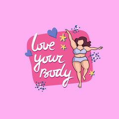 Vector colorful illustraion on the theme of body positive and beauty. Female cartoon characters. Woman dressed in swimwear