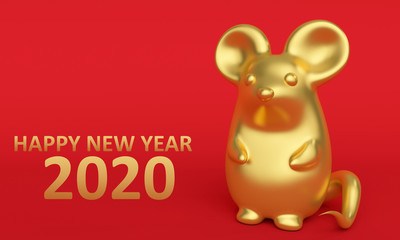 Golden rat on a red background. Happy New Year 2020 Greeting Card. 3d rendering