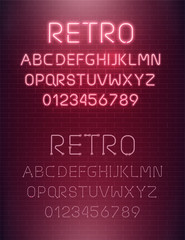 Light neon font letter set. Bar sign vector type. Glowing casino and cinema red text alphabet on brick wall background. Retro background.