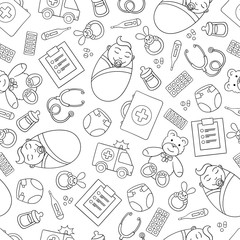 Vector seamless pattern on the theme of pediatrics and children's health on white background. Pattern wirh symbols of medicine - 299768520
