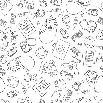 Vector seamless pattern on the theme of pediatrics and children's health on white background. Pattern wirh symbols of medicine