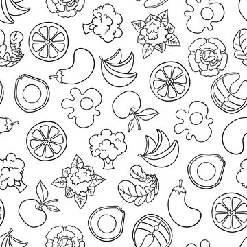 Vector seamless pattern with proper nutrition on white background. Pattern wirh cartoon fruits and vegetables