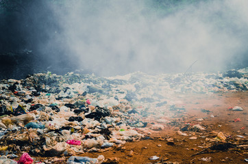 KANCHANABURI PROVINCE, THAILAND-MARCH 15 2016, Plastic and organic waste from household in waste landfill.