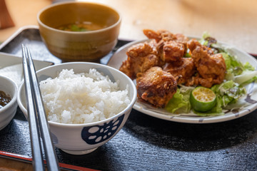 Japanese cuisine, fried chicken as known as Karaage served with Miso soup and Japanese  rice