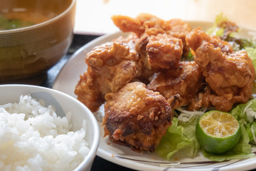 Japanese cuisine, fried chicken as known as Karaage served with Miso soup and Japanese  rice