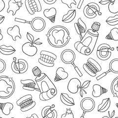 Vector seamless pattern with dentistry symbols on white color. Background on the theme of medicine and health