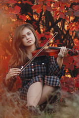 Obraz na płótnie Canvas autumn portrait of beautiful woman sitting on the ground with a violin under chin on a background of red foliage, girl engaged in playing a musical instrument in nature, a concept of passion in art