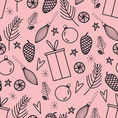 Christmas seamless black and white pattern with fir branches, cones, gifts and snowflakes on a pink background.