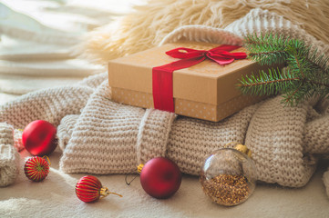 Winter mood, holiday decoration. Christmas decor. Still life details in home interior