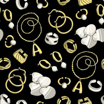 Vector seamless pattern with isolated women's jewelry and accessories on black color. Background on the theme of fashion and beauty
