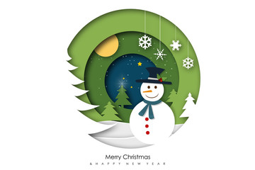 Merry Christmas and happy new year. Illustration of snowman and trees and moon and paper cutting