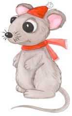 Watercolor illustration a gray rat with a red cap and a scarf on a white background. Symbol of 2020
