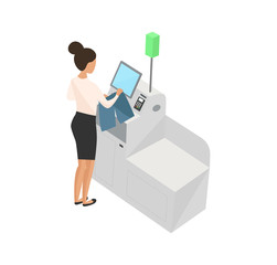 Self-service cashier or terminal isometric model. Woman customer is paying at the self-service counter using the touchscreen display. Self-service checkout vector concept