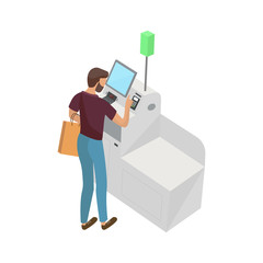 Self-service cashier or terminal isometric model. Young man customer is paying at the self-service counter using the touchscreen display. Self-service checkout vector concept