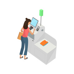 Self-service cashier or terminal isometric model. Woman customer is paying at the self-service counter using the touchscreen display. Self-service checkout vector concept