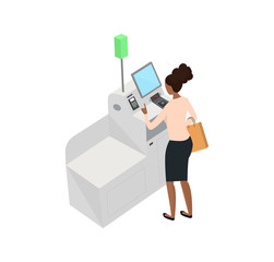 Self-service cashier or terminal isometric model. African American woman customer is paying at the self-service counter using the touchscreen display. Self-service checkout vector concept