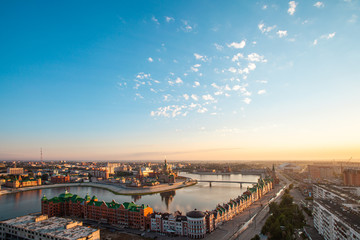 Sunrise top view to center of Yoshkar-Ola city and Kokshaga river embankment. City  wakes up. Yoshkar-Ola is a capital of Mari El republic. in Russian Federation