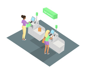 Isometric model of Self-service cashier or terminal zone. Two women are buying clothing at the self-service counter using the touchscreen display. Self-service checkout vector concept.