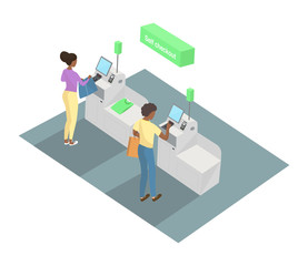 Isometric model of Self-service cashier or terminal zone. African American people are buying clothing at the self-service counter using the touchscreen display. Self-service checkout vector concept.