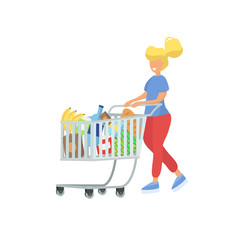 Young woman character is pushing supermarket shopping cart full of groceries. Flat style vector illustration isolated on white background.