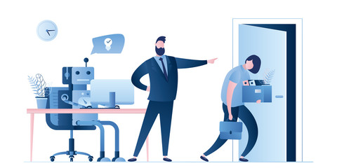 New robot on workplace and businessman dismissed woman worker. Boss fire female employee.