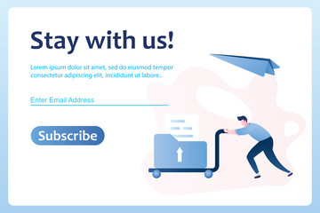 Subscribe template web page. Handsome male character rolls card with email.