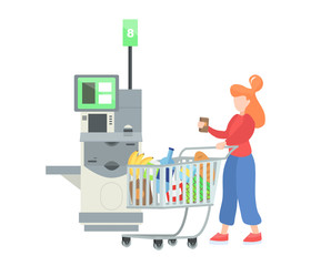 Self-service cashier or terminal. Yang Young woman customer is buying food at the self-service counter. Self-service checkout vector concept