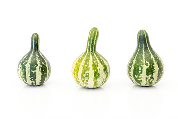three small green gourds displayed on white background