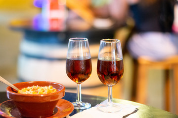 Sherry wine tasting, selection of different jerez fortified wines from dry to very sweet in glasses, Jerez de la Frontera, Andalusia, Spain
