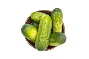 Bowl with cucumbers on white background.