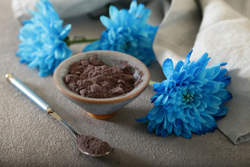 blue masala tea powder on a gray background