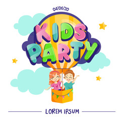 Obraz na płótnie Canvas Kids Party design template, invitation card with children on air balloon, text.