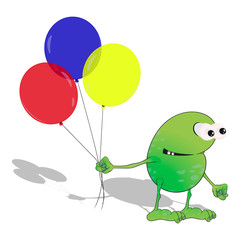 Cartoon green monster frog with big eyes holds balloons in his hand. isolated on a white background. vector illustration