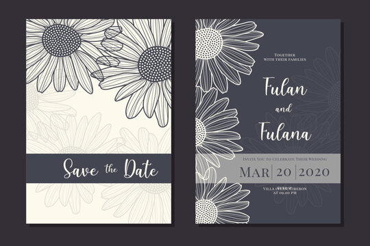 wedding invitation card with abstract doodle hand drawn daisy flower floral sketch ornament background template mockup decoration vector illustration