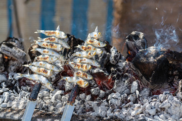 Espeto, Malaga style fish on stick barbecue prepared on olive tree firewoods