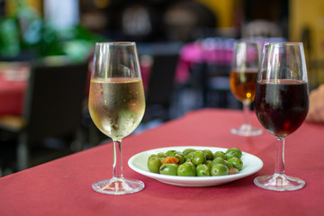 Sherry wine tasting, selection of different jerez fortified wines from dry to very sweet in glasses, Jerez de la Frontera, Andalusia, Spain