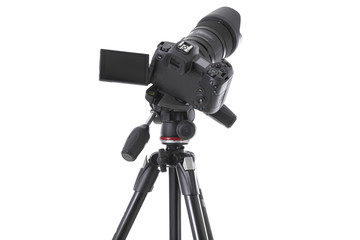 High angle view on massive black still-shot camera on trepied isolated