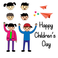 World Children's Day. male and female character designs and various child character faces, as well as paper airplanes