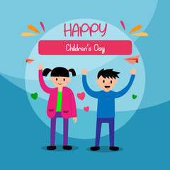 World Children's Day. two children who are standing happily, with blue background and a white circle