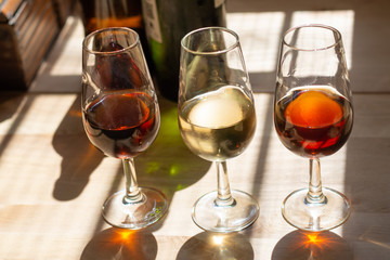 Sherry wine tasting, selection of different jerez fortified wines from dry to very sweet in glasses, Jerez de la Frontera, Andalusia, Spain