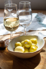 Sherry wine tasting, dry fino, manzanilla or palomino jerez fortified wine in glasses, Jerez de la Frontera, Andalusia, Spain