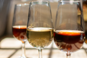 Sherry wine tasting, selection of different jerez fortified wines from dry to very sweet in glasses, Jerez de la Frontera, Andalusia, Spain