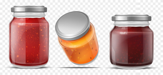 Jam jars, glass containers for fruit jelly set isolated on transparent background. Gelatin marmalade pack with cap mock up design. Blank preserve tubes different sizes Realistic 3d vector illustration