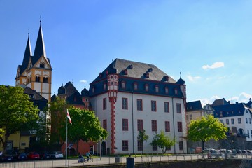 Fototapeta na wymiar Florinskirche Twin Steeples and typical Koblenz Germany Architecture