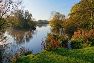 Fototapeta premium On the sloping grass banks of a small calm lake in the early morning autumn sun.